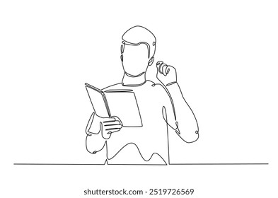 Man reading a book continuous one line drawing. Person study by reading book in single line art illustration. Editable vector.  