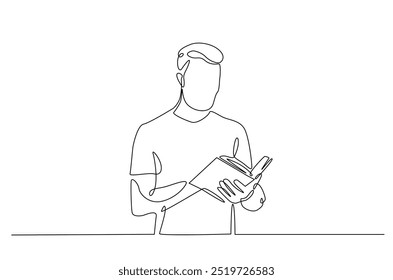 Homem lendo um livro contínuo um desenho de linha. Uma pessoa estuda lendo um livro em uma ilustração artística. Vetor editável.  