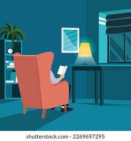 Man reading book in the dark. Male character sitting in the armchair under the lamp and holding book. Flat vector illustration isolated on white background