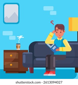 Man reading book and drink coffee, working from anywhere, man reading book and confused