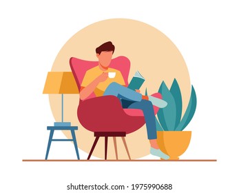 Man reading book with drinking character illustration