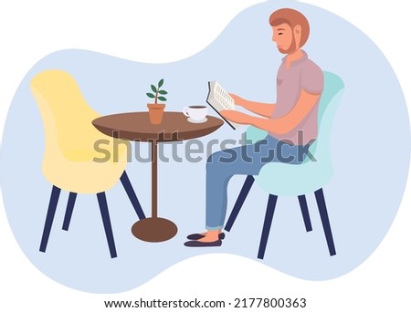 Man reading a book and drinking coffee flat design. Includes a man with red hair and a beard, coffee, a plant, a book, a table and chairs