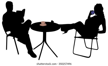 Man reading a book during coffee break while his girlfriend phoned