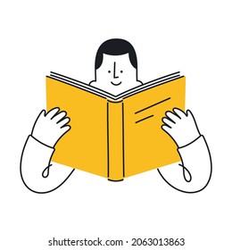 Man reading a book. Education, learning, study. Outline, linear, thin line, doodle art. Simple style with editable stroke.
