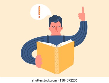 Man reading book with exclamation mark. Hand drawn man holding book. New idea concept. Flat style vector illustration