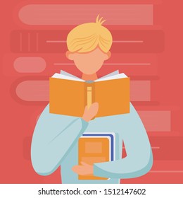 Man reading book flat vector illustration. Junior with textbook. Young man learning publication. Standing student read and hold encyclopedia cartoon character on red background