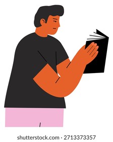 Hombre leyendo un libro. Personaje de estudiante joven plano 