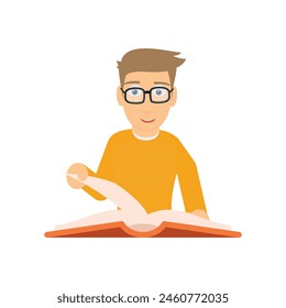 Man is reading a book. Flip through a page of a book, vector illustration