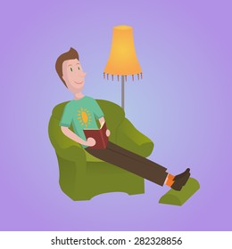 Man reading a book in a green armchair, standard lamp and foot rest in  vector