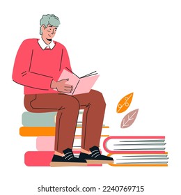 Man reading a book, hand drawn vector illustration isolated on white background. Bookstore or library, books fair design element.