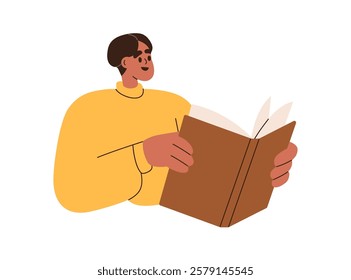 Man reading book. Happy smiling young male student, reader holding open textbook, studying literature, learning. Education, knowledge concept. Flat vector illustration isolated on white background