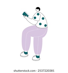 Man reading a book in his hand while sitting, vector illustration of people's activities.