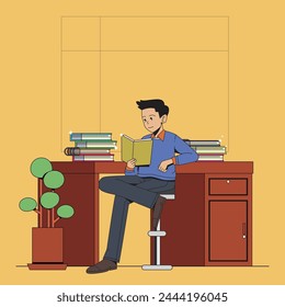 A man reading a book in his office room