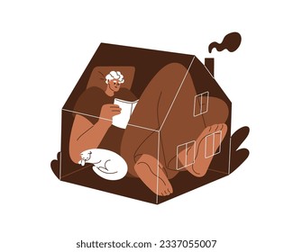 Man reading book at home. Bookworm, keen reader with interesting literature at leisure, relaxing inside cozy house. Person resting in evening. Flat vector illustration isolated on white background