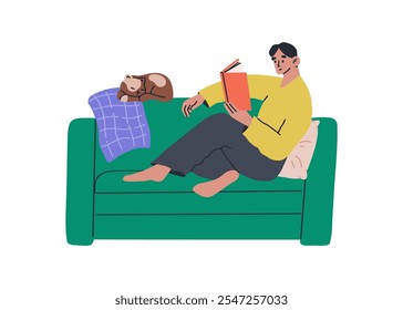 Man reading book at home, enjoying leisure time and exploring hobbies. Cozy atmosphere with focus on education and personal growth. Vector illustration