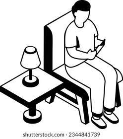 Man reading book at home isometric Concept, person sitting on chair Vector Icon Design, Free time activities Symbol, Extracurricular activity Sign, hobbies interests Stock Illustration