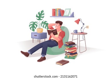 Man reading book at home, literacy day vector illustration. Read more book flat style concept. Guy relaxing with book. Reading people idea