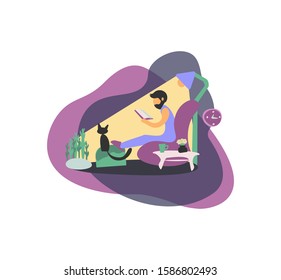 A man reading a book at home on the couch. Multicolored flat modern vector illustration.