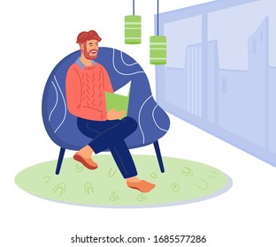 Man reading a book at home scene. Online library and remote education, home leisure and recreation. Literature heritage and power of knowledge. Flat vector illustration isolated.