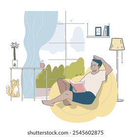 Hombre leyendo libro en casa. Joven con libro de texto o ficción se sienta en el sillón. Amor por la lectura y la literatura. Educación y formación. Hobby y ocio. Ilustración vectorial lineal