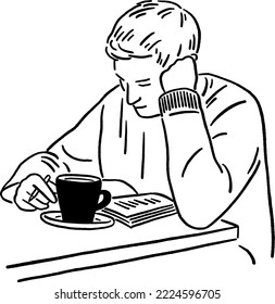 Man reading book with hot coffee People lifestyle Hand drawn line art Illustration