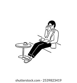 Man reading book with hot coffee in Cafe People lifestyle Hand drawn line art cartoon illustration 