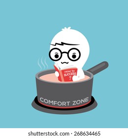 Man reading book in hot pot on gas stove with comfort zone conceptual cartoon Illustration