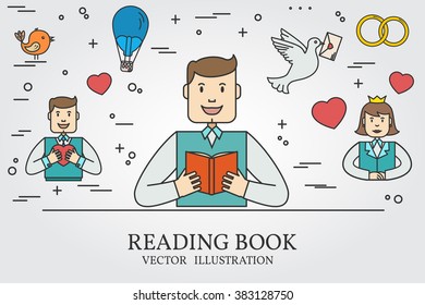 Man Reading A Book And Imagining The Love  Story. Think line icon. Vector illustration.