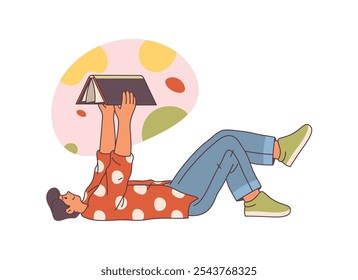 Man reading book and imagining setting of novel, isolated literature lover laying down. Hobby of male personage laying with publication of fantasy genre. Flat cartoon style character vector