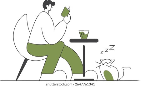 A Man Reading A Book Indoor At A Cafe With A Cat While Drinking Matcha Vector Flat Illustration