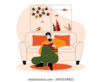 Un hombre leyendo un libro dentro de la casa en ropa de abrigo durante la temporada de otoño visto desde la ventana, Ilustración vectorial.