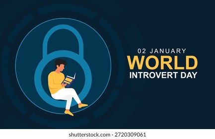 Um homem lendo um livro dentro de um ícone de cadeado, Dia Mundial introvertido