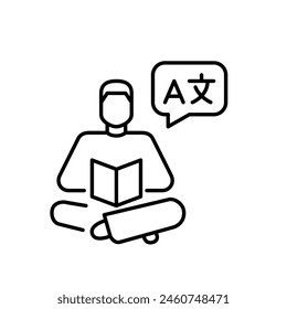 Man reading a book with language symbols speech bubble. Learning languages through text books. Pixel perfect vector icon