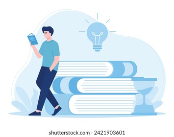 man is reading a book leaning on a large trending concept flat illustration