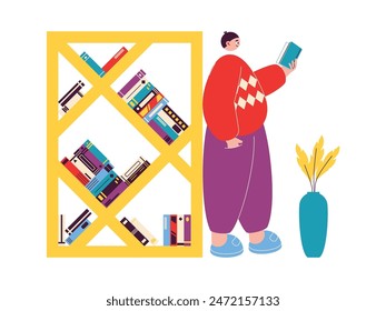 Man reading a book leaning on a private library bookshelf, vector illustration.