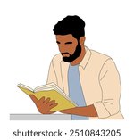 Man reading book, learning. Education concept. Colored Outline vector sketch drawing Isolated on white background.
