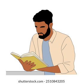 Homem lendo livro, aprendendo. Conceito de educação. Desenho de esboço vetorial de contorno colorido Isolado sobre fundo branco.