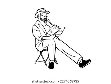 hombre leyendo un libro tiempo de ocio estilo de vida en casa ilustración dibujada a mano
