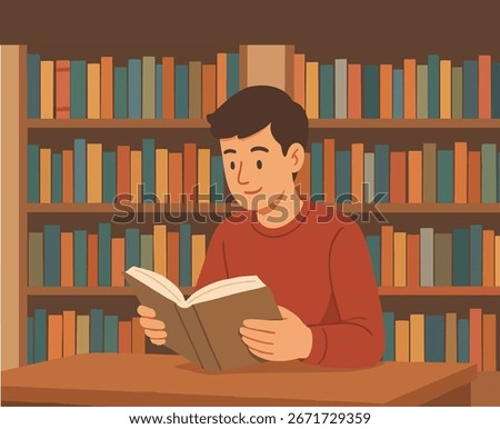 a man is reading a book in the library