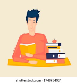 Der Mensch liest ein Buch. Bibliothek. Flache Illustration im Cartoon-Stil. Vektorgrafik.	