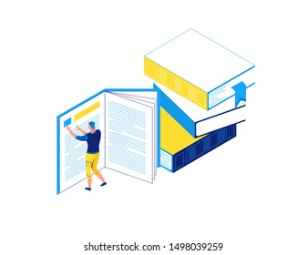 Man reading book, library isometric concept, learning people, 3d student isolated, learn lesson, school, college pupil, blue, yellow, modern creative character