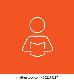 Man reading a book line icon for web, mobile and infographics. Vector white icon isolated on red background.