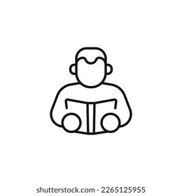 Hombre leyendo el icono lineal del libro. Ilustración personalizable de línea delgada. Símbolo de contorno. Dibujo de contorno aislado del vector. Trazo editable
