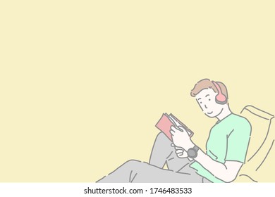 Man reading book and listening music with headphone on sofa, Life at Home and stay at home for protect yourself from coronavirus "COVID-19"concept drawing character vector.