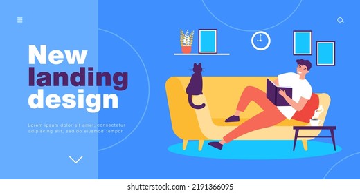 Man reading book at living room of home apartment. Happy person sitting on cozy sofa with cat and studying vector illustration. Rest, weekend concept for banner, website design or landing web page