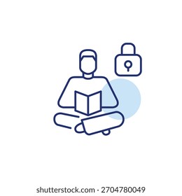 Homem lendo um livro e fechadura. Acesso seguro à biblioteca, dados pessoais privados. Pixel perfeito, ícone de vetor de traçado editável