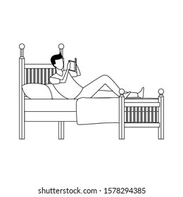 man reading a book lying in bed over white background, vector illustration