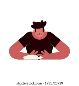 man reading book lying character