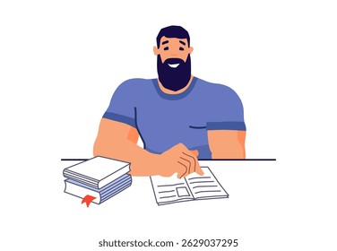 Man reading a book or magazine. Smiling cartoon character. Vector illustration isolated on white background.
