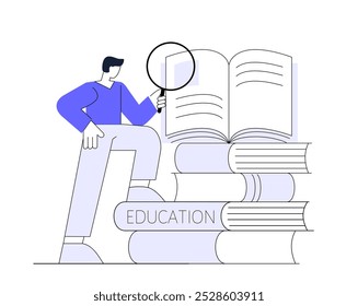 Man reading book with magnifying glass. Student, studying concepts. Flat vector illustration.